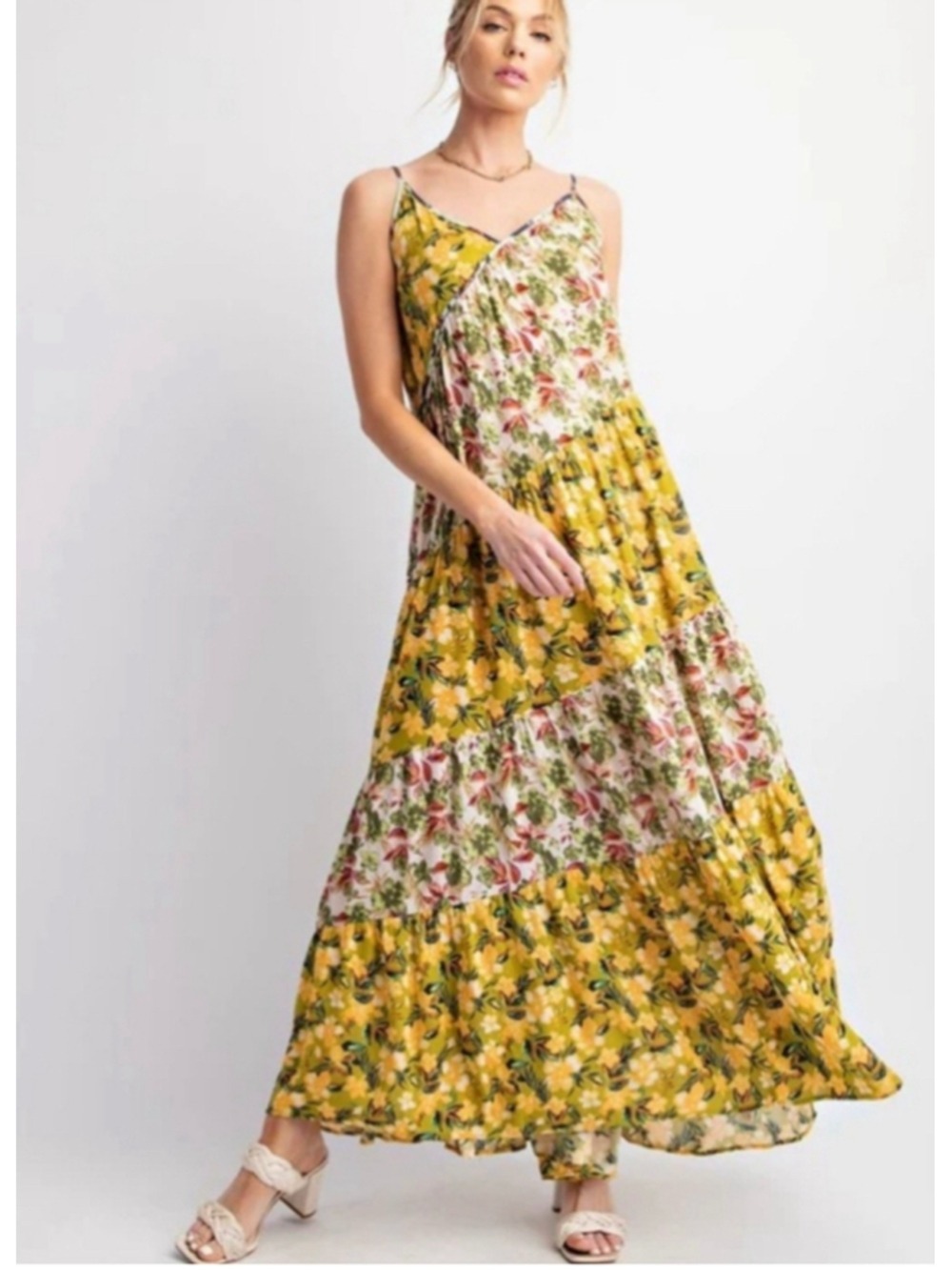 Easel Yellow Floral Print Tiered Patchwork Maxi Sundress Size L (22”-24”PTP) NWT - Picture 2 of 9